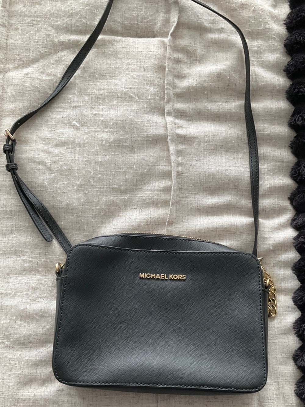 Michael Kors Black Leather Crossbody with Gold Logo